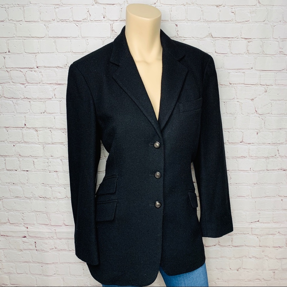 LRL Blazer Black Herringbone Leather Elbow Patch